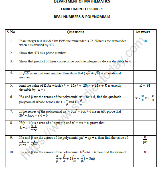 Cbse Class 10 Maths Real Numbers Worksheet Pdf